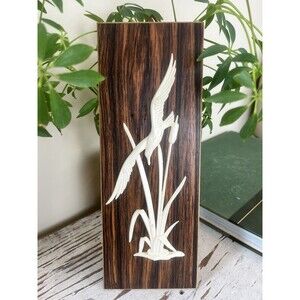 Vintage MCM Wall Art Faux Wood Plastic Seagull In Flight Over Cattails / Retro